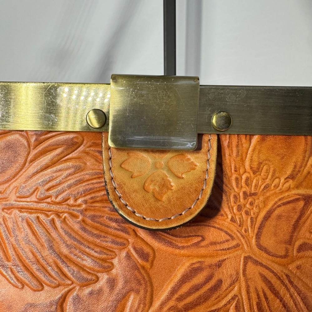 Patricia Nash Ferrara Frame Satchel Bag Tan Floral Embossed Genuine Leather - Picture 2 of 16